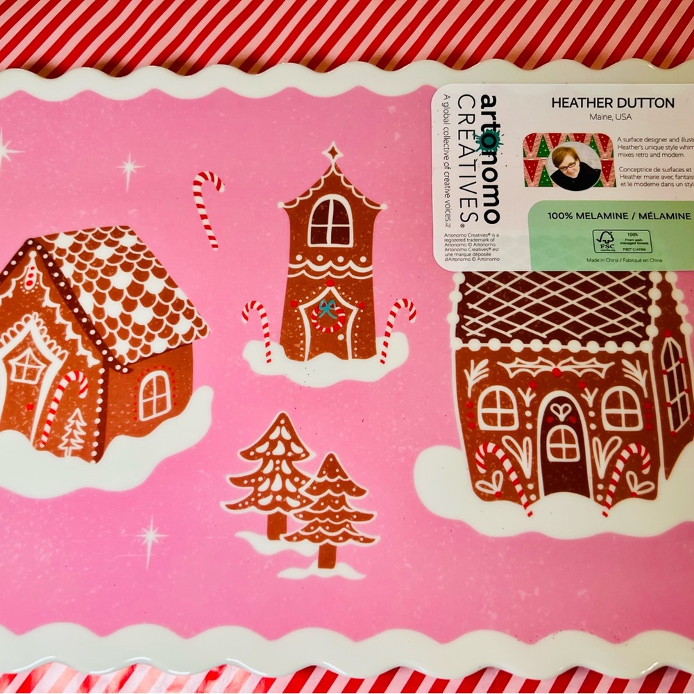 Christmas Pink Gingerbread Village Melamine Serving Tray Whimsical - Picture 11 of 12